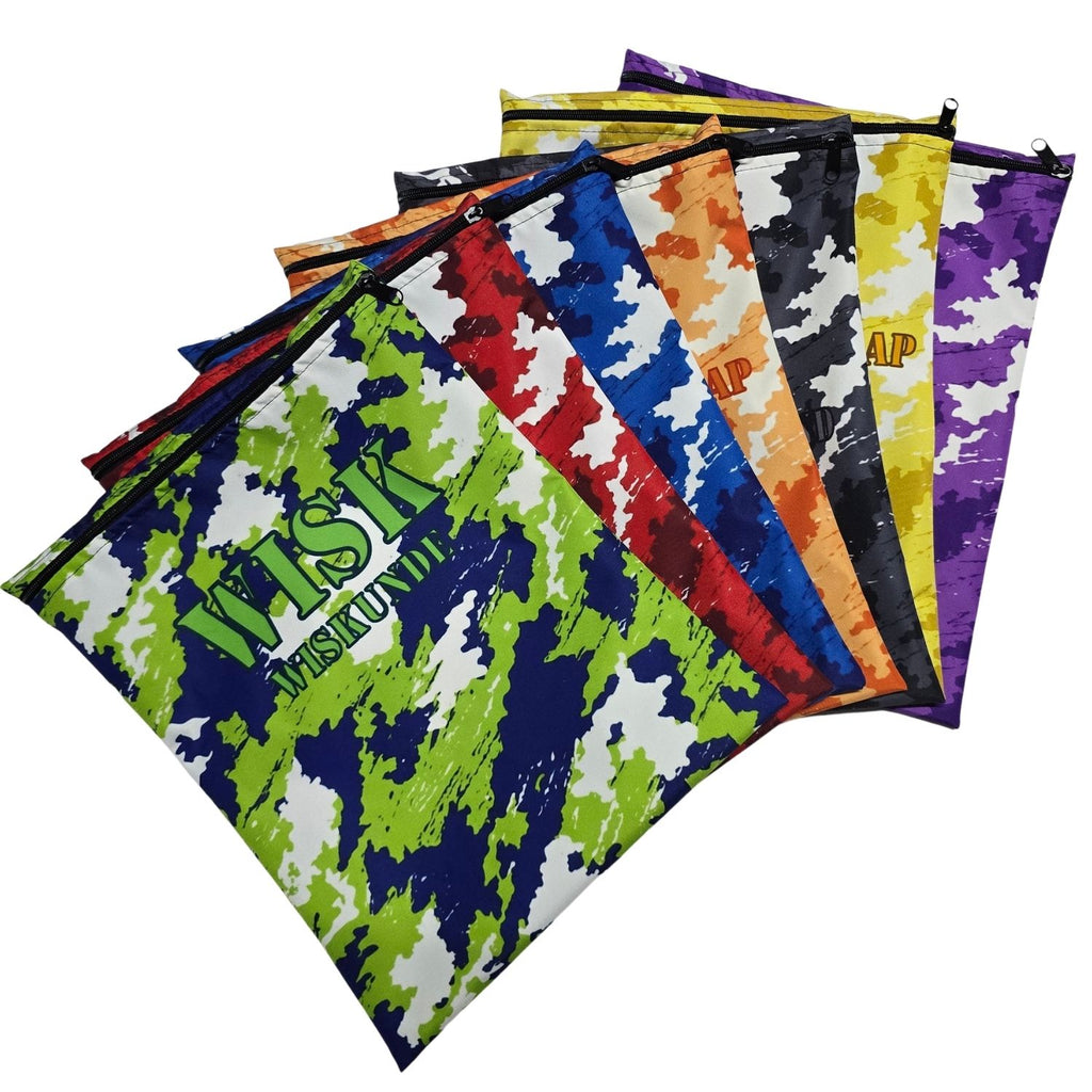 Set of 7 - Camo Design Book Bag Set Subject Names In Afrikaans