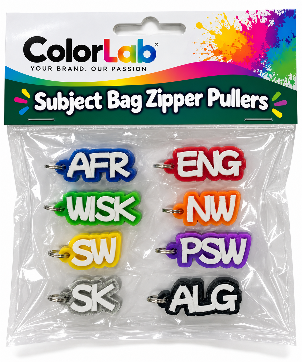 Book Bag Subject Zipper Pullers Set of 6