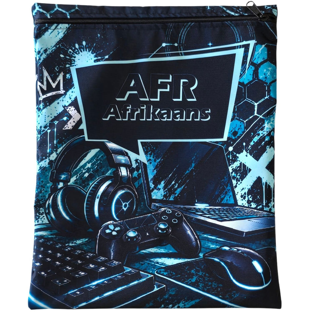 Set of 10 - Tech and Gaming Design Book Bags with subject names in Afrikaans