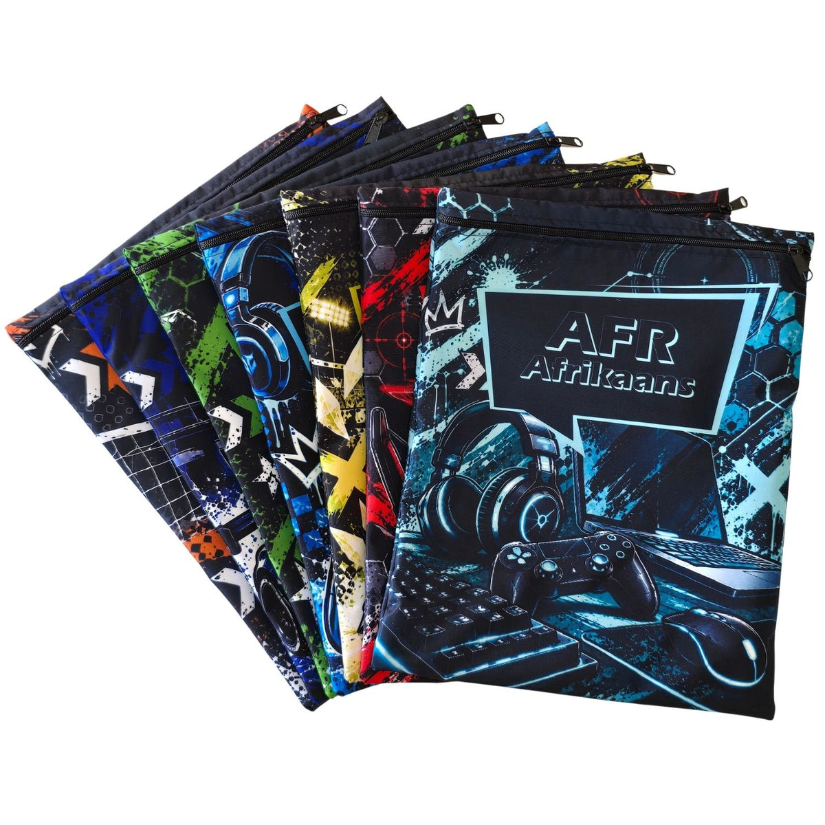 Set of 10 -  Tech and Gaming Design Book Bags with subject names in English