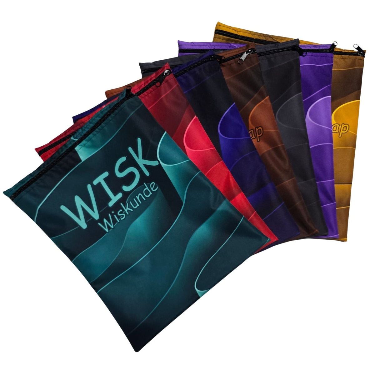 Set of 10 - Swirly Design Book Bags with subject names in Afrikaans